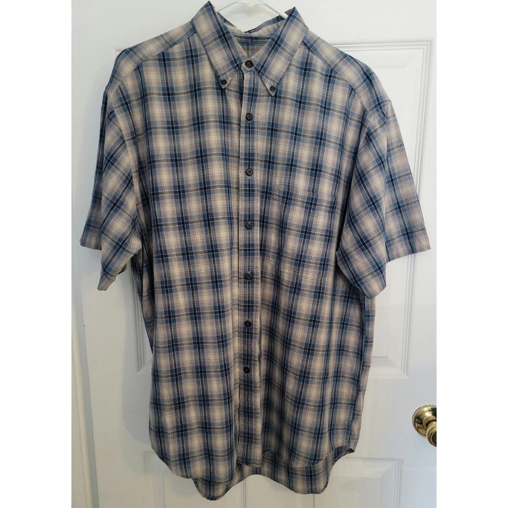 Eddie Bauer Plaid Shirt Mens Medium Blue Short Sleeve Button Down Cotton Hiking - Picture 11 of 12